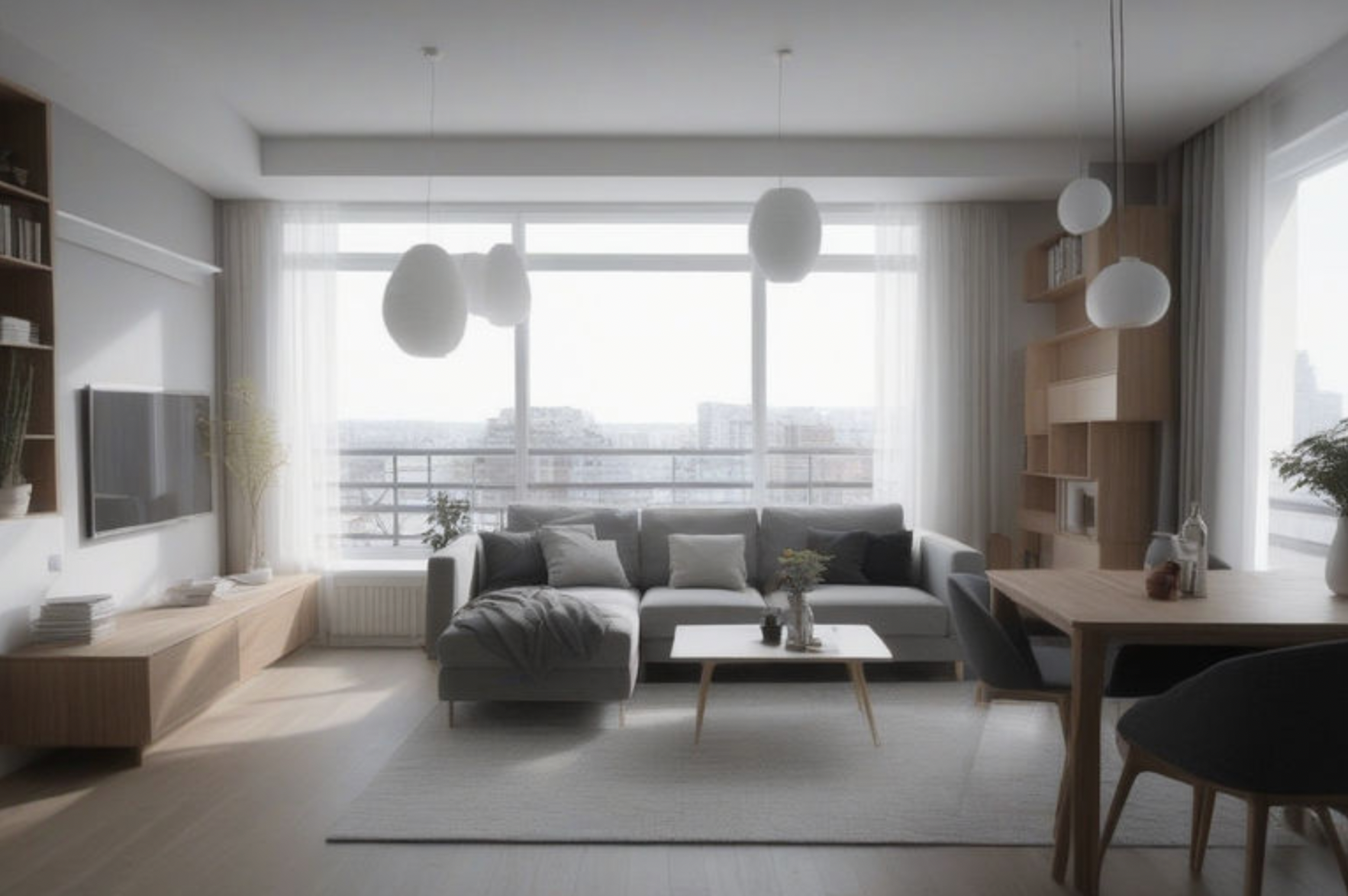 Interior design of an open floor plan layout of a NYC apartment with floor to ceiling windows