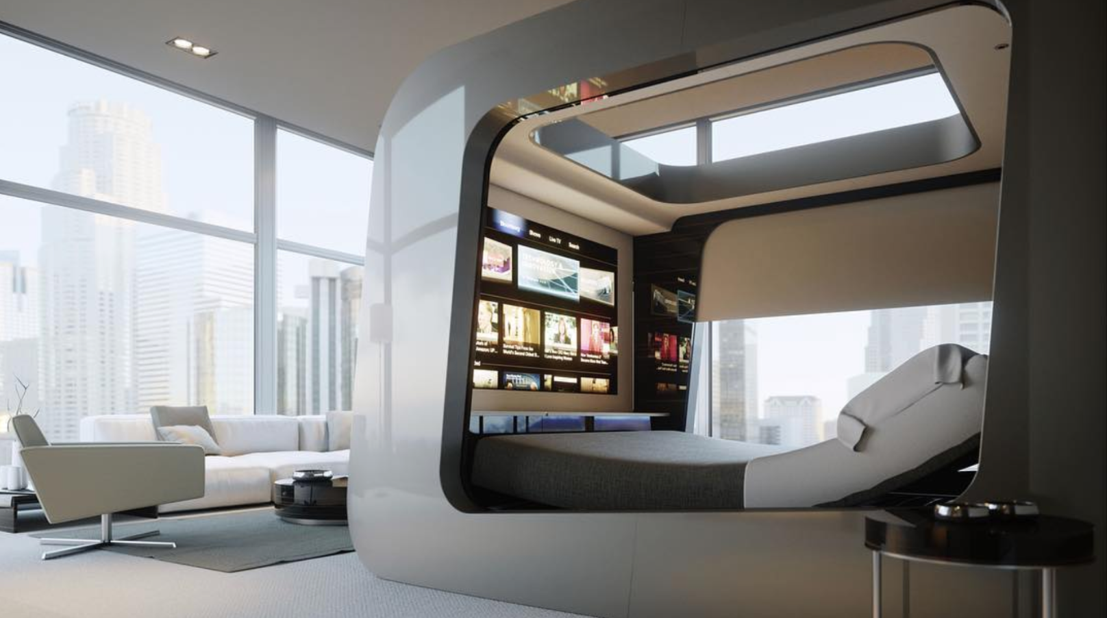 futuristic apartment bedroom with floor to ceiling windows and white furniture